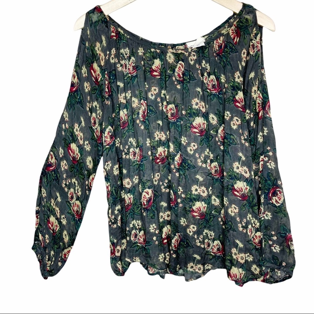 Natural Life Floral Cold Shoulder Semi Sheer Long Sleeve Top Size Medium